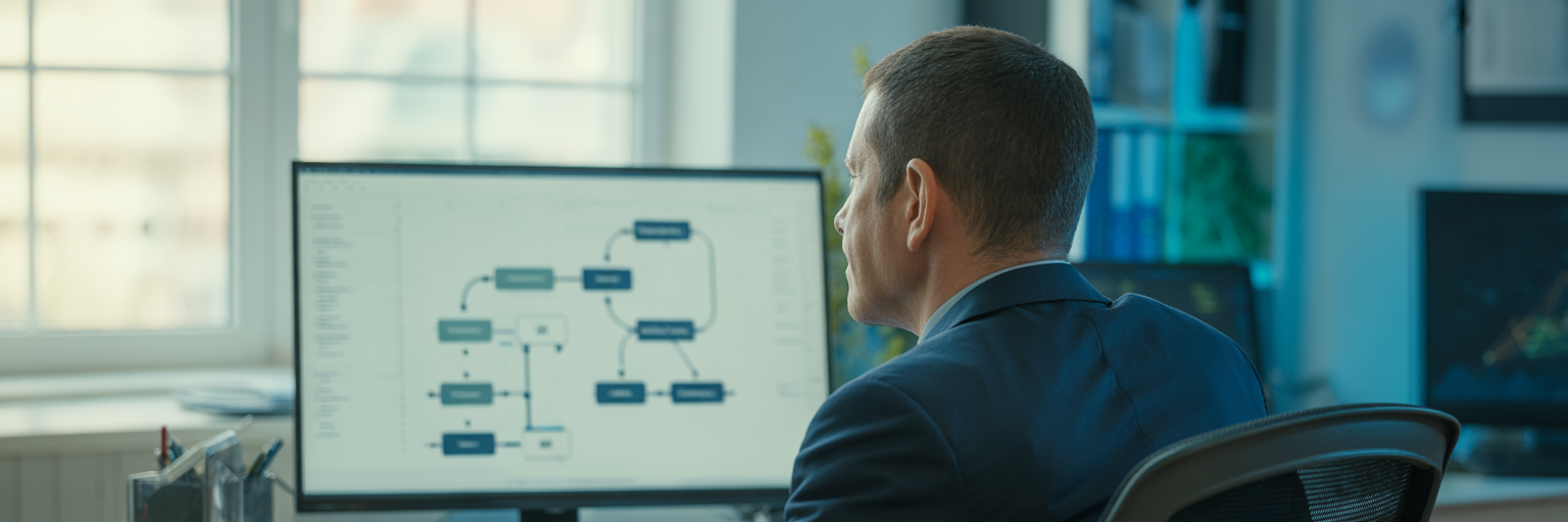 Operations manager viewing a muted flowchart on a monitor