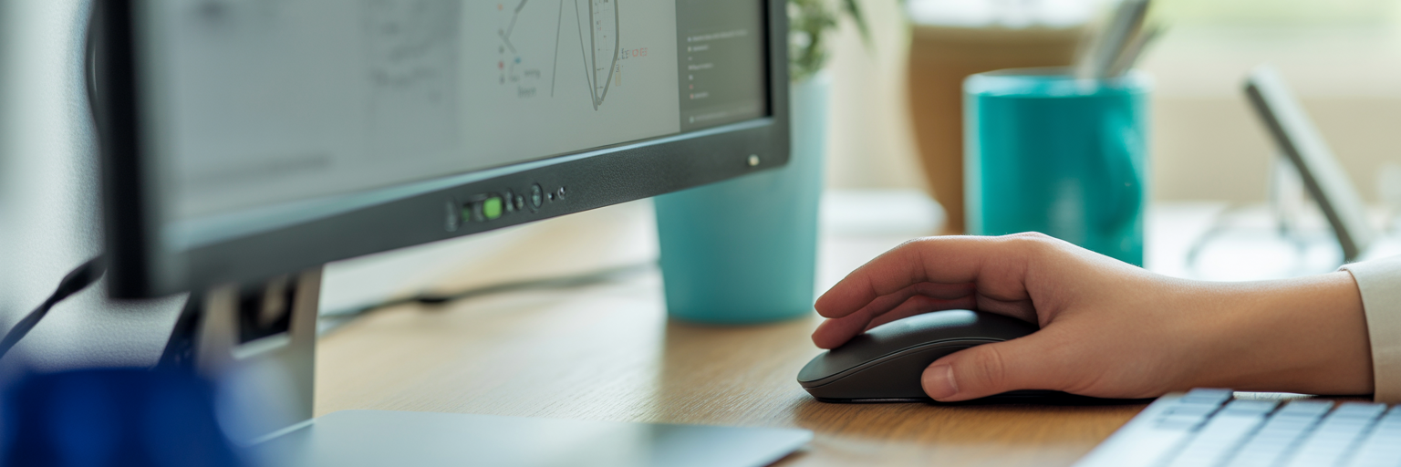 Workspace detail showing hand on mouse and blurred diagram